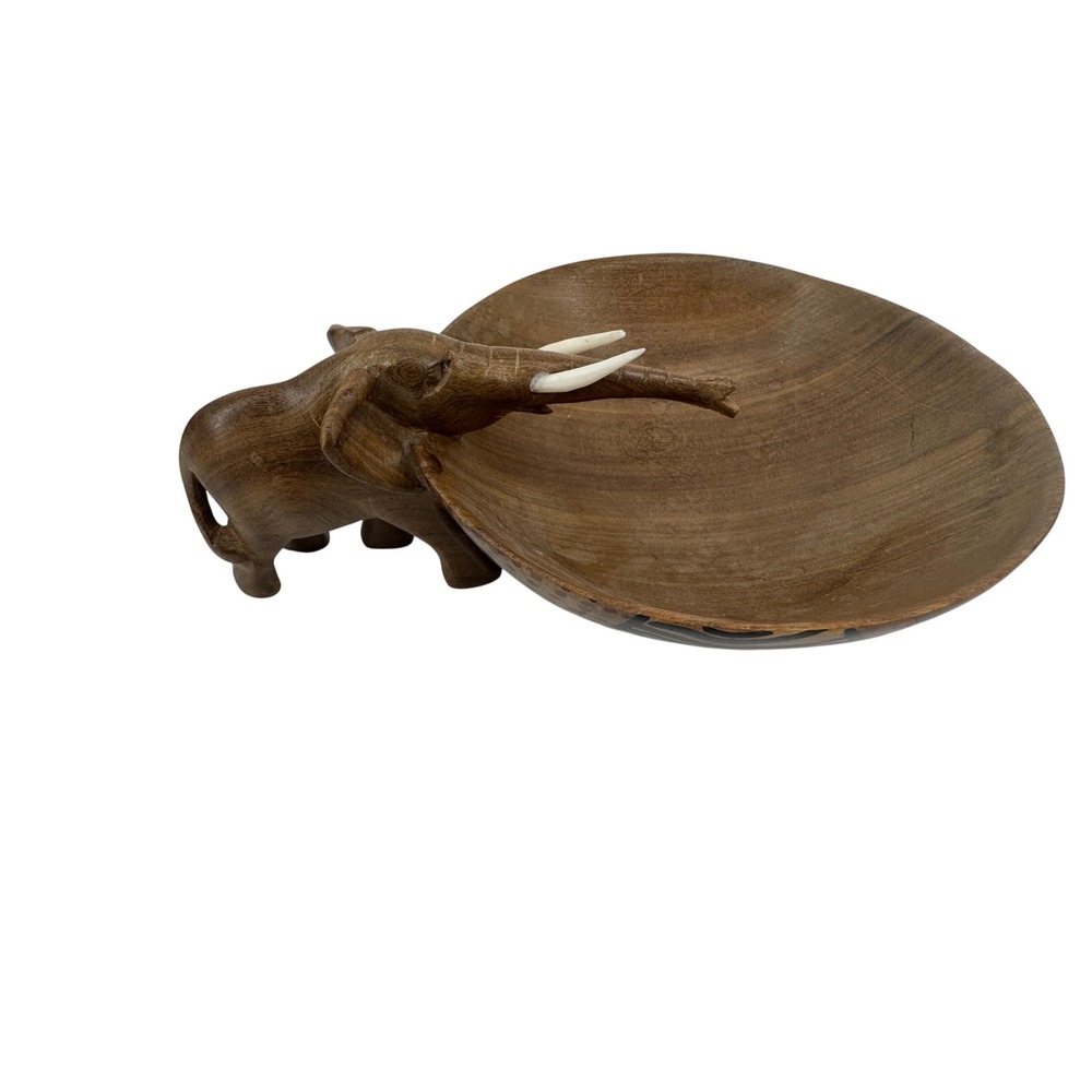 Hand Carved Wood Elephant Safari Bowl Brown Hand Painted Animal Print Folk Art